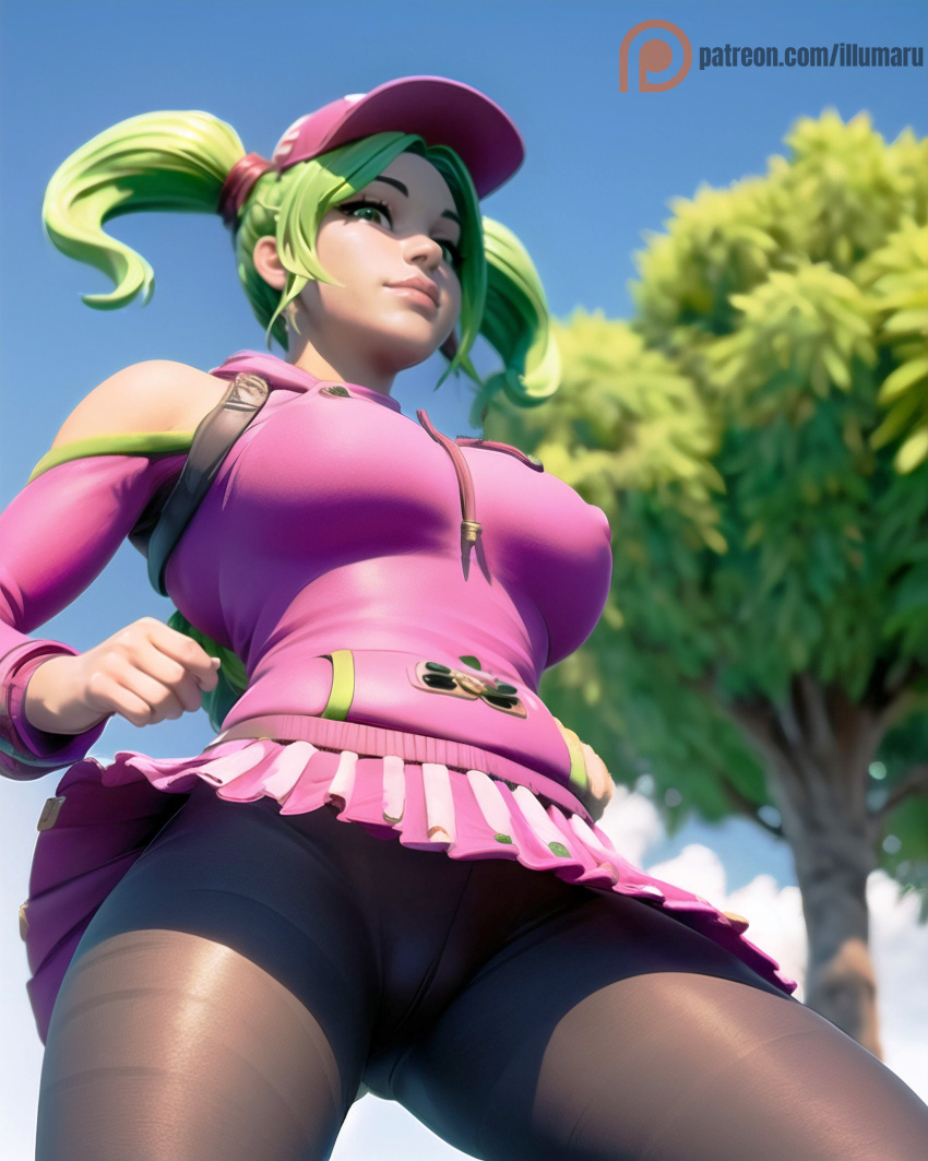 1girls ai_generated black_pantyhose blush candy detailed earrings female fortnite from_below front_view green_eyes green_hair hat hi_res highres hoodie illumaru leggings lifting_skirt lips looking_at_viewer looking_down navel nipples_visible_through_clothing no_panties outdoors outside pantyhose petite pink_hat pink_hoodie pink_skirt pussy_visible_through_clothes seductive_look short_twintails skirt solo spread_legs stable_diffusion standing star star_earrings striped striped_pants tongue_out twintails under_skirt wide_hips yellow_eyes zoey_(fortnite)