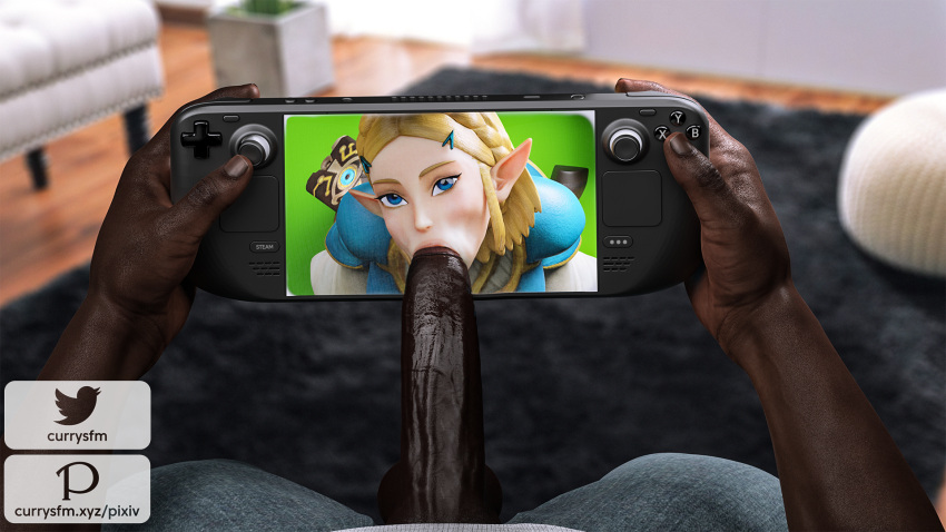 1boy 1girls 3d blonde_hair blowjob coming_out_of_screen currysfm dark-skinned_male electronics elf elf_ears fellatio female game_console handheld_game_console humanoid hylian interracial male pale_skin penis princess_zelda royalty steam_deck straight_hair tears_of_the_kingdom the_legend_of_zelda the_legend_of_zelda:_breath_of_the_wild through_screen valve valve_(company) zelda_(tears_of_the_kingdom)