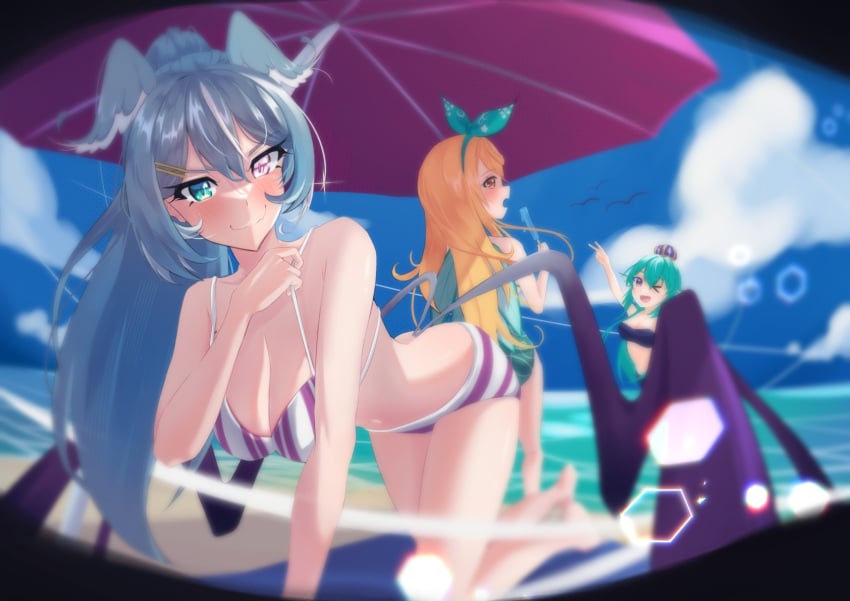 beach bikini bikini_bottom bikini_top blonde_hair blue_hair bongk dragon_girl eating elira_pendora finana_ryugu green_hair heterochromia ice_cream lazulight looking_at_viewer nijisanji nijisanji_en peace_sign pomu_rainpuff smile smiling smiling_at_viewer tagme virtual_youtuber winking