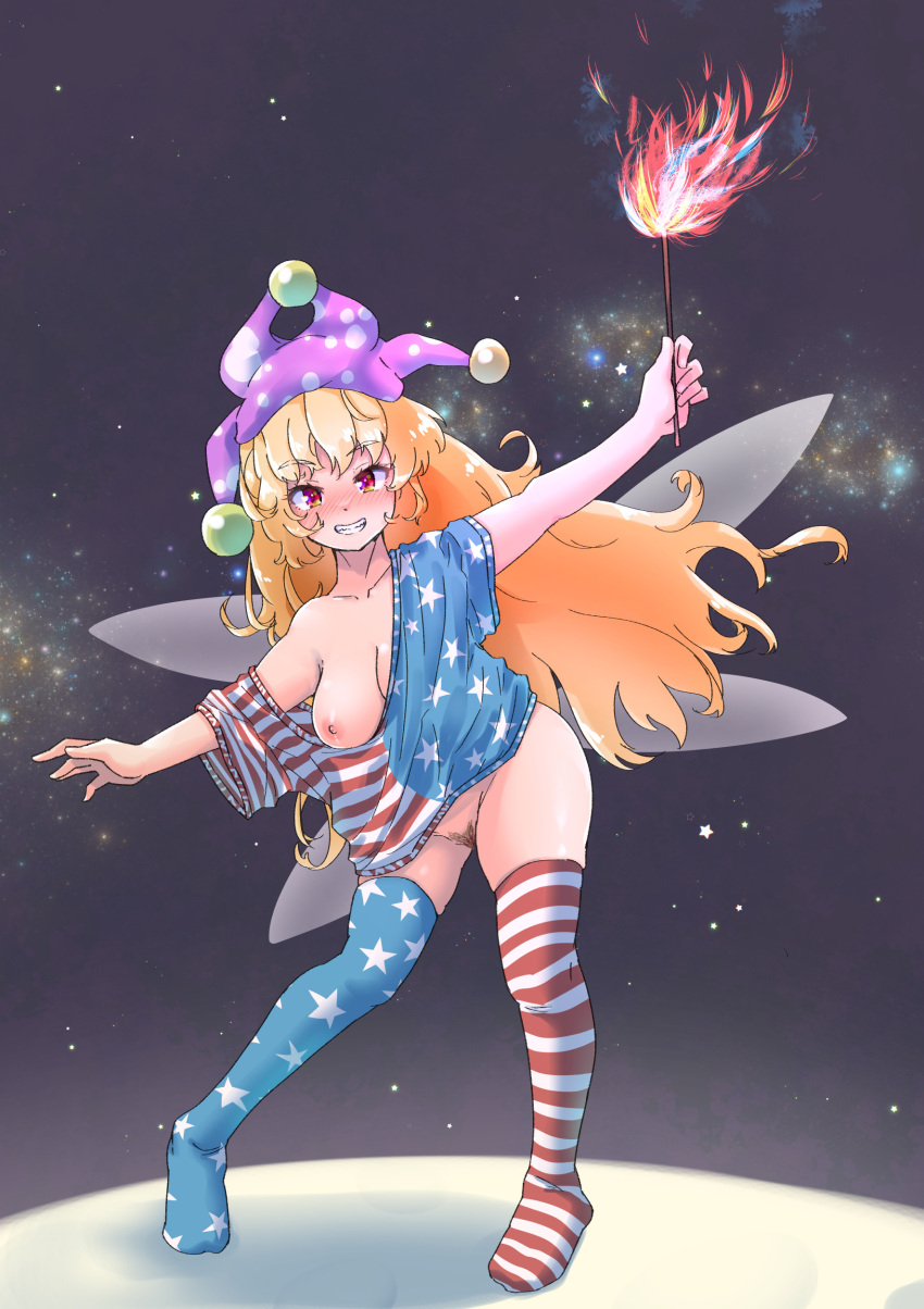 absurdres american_flag_legwear american_flag_shirt blonde_hair blush breasts clownpiece commentary fairy_wings female fire full_body hat highres hits_(hitstts) holding holding_torch jester_cap long_hair looking_at_viewer medium_breasts nipples one_breast_out outdoors purple_headwear red_eyes shirt smile solo space standing star_(symbol) star_print striped striped_shirt striped_thighhighs thighhighs torch touhou wings