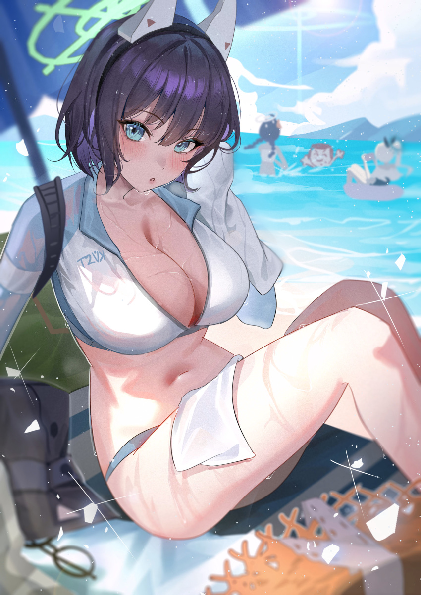 bathing beach belly_button blue_archive blue_eyes blue_hair character_in_background characters_in_the_background doodle_sensei_(blue_archive) huge_breasts large_breasts miyako_(blue_archive) miyako_(swimsuit)_(blue_archive) miyu_(blue_archive) miyu_(swimsuit)_(blue_archive) parasol rabbit_squad_(blue_archive) saki_(blue_archive) saki_(swimsuit)_(blue_archive) sensei_(blue_archive) short_hair srt_special_academy_student surprised sweat tansuan