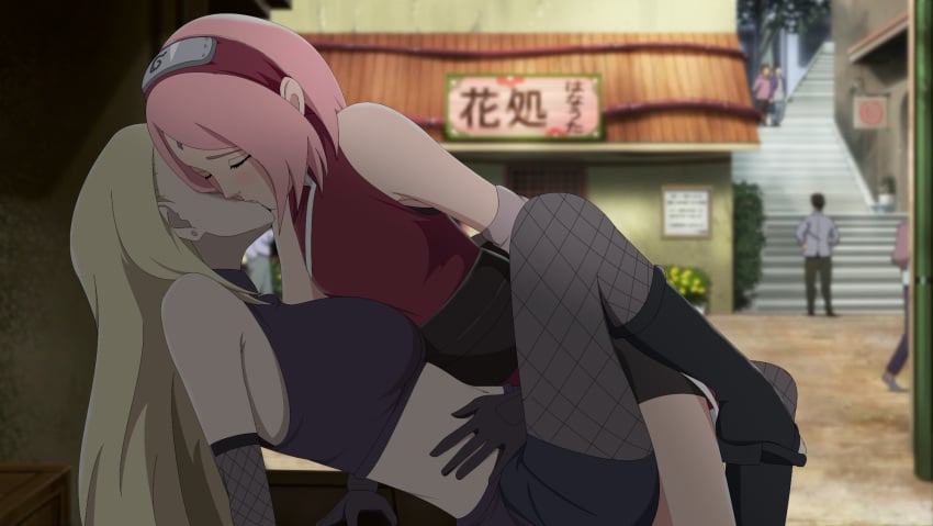 2girls alley bent_over big_breasts blonde_hair blush breast_press breast_size_difference closed_eyes clothing docking exhibitionism female female/female female_only femdom femsub ino_yamanaka kissing long_hair lying_down lying_on_back making_out multiple_girls naruto naruto:_the_last naruto_(series) naruto_shippuden optimystic outdoors pink_hair public public_indecency risky sakura_haruno small_breasts standing street very_long_hair yuri