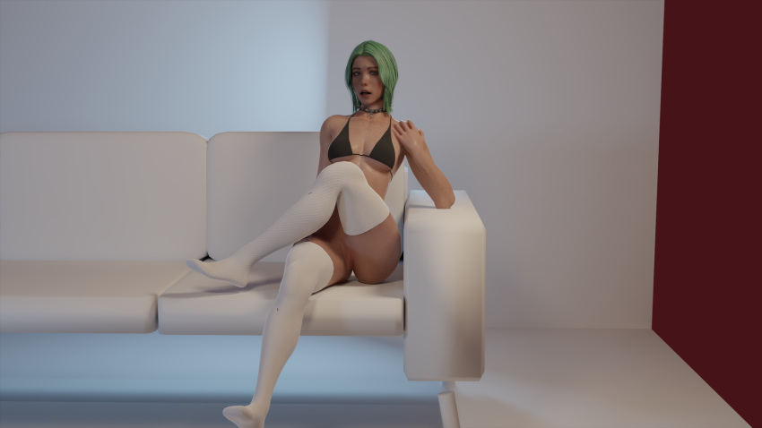 blue_eyes bottomless choker ela_(rainbow_six) green_hair kjthegrimreaper rainbow_six rainbow_six_siege socks sofa