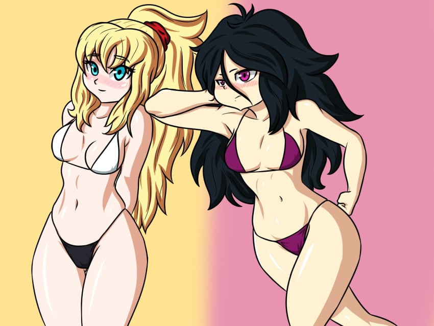 2girls ali_(dbaf) arms_behind_back ass bangs bikini black_and_white_bikini black_hair blonde_hair blue_eyes blush breasts cameltoe cleavage curvy dragon_ball dragon_ball_af dragon_ball_z german_salazar hand_on_butt hands_behind_head irina_(dbaf) legs_together light-skinned_female light_skin long_hair looking_at_viewer navel pink_background ponytail purple_bikini purple_eyes sidelocks thick_thighs yellow_background