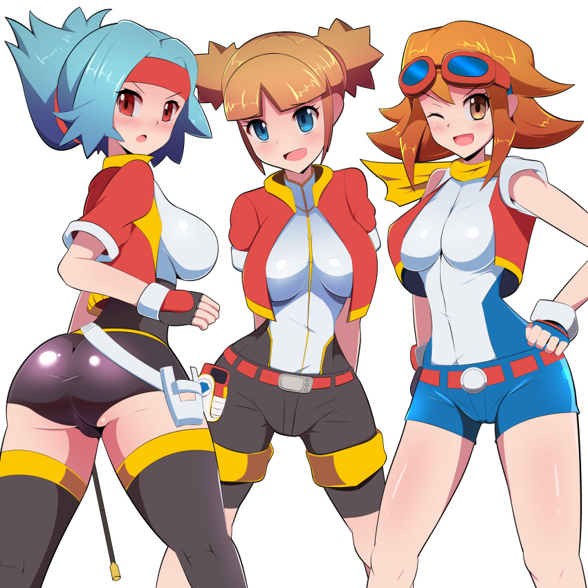 3girls blue_eyes blue_hair brown_eyes brown_hair female female_only halubato hitomi_(ranger) kate_(pokemon_ranger) minami_(ranger) pokemon pokemon_ranger pokemon_ranger:_guardian_signs pokemon_ranger:_shadows_of_almia red_eyes solana_(pokemon) summer_(pokemon) uniform