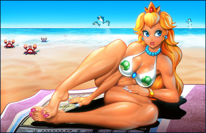 1girls athletic_female barefoot beach big_breasts blonde_hair blue_eyes bracelet breasts busty cleavage crown curvaceous curvy cute cute_face d2kmax d2kprime digital_media_(artwork) dolphin_(mario) earrings eyebrows eyelashes eyes feet female female_focus fit_female hair hips hourglass_figure huge_breasts large_breasts legs light-skinned_female light_skin lips long_hair long_toenails lying_on_side mario_(series) nail_polish nintendo outdoors pearl_necklace pink_lipstick pink_toenails princess princess_peach sand sidestepper super_mario_bros. thick thick_legs thick_lips thick_thighs thighs thunder_thighs toe_ring toenail_polish toenails toes upper_body voluptuous waist white_nails wide_hips