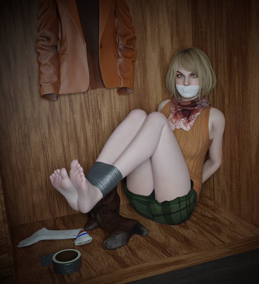 1girls 3d ashley_graham ashley_graham_(ella_freya) barefoot biohazard blender blender_taper blonde_hair bondage boots boots_removed capcom duct_tape feet female female_only gag gagged jacket resident_evil resident_evil_4 resident_evil_4_remake scarf shoes_removed skirt sleeveless socks soles tape_gag taped_mouth theblendertaper toes xnalara