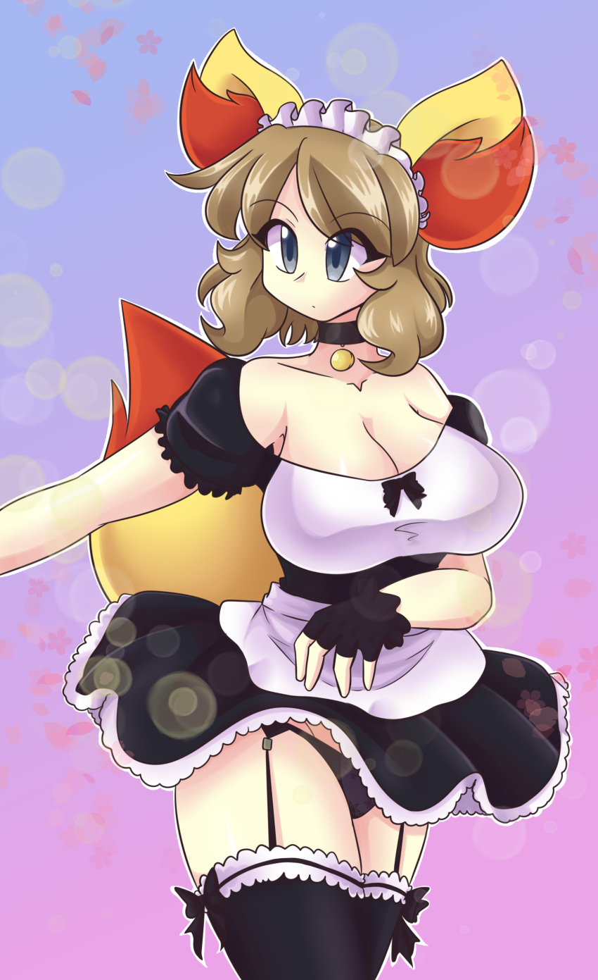 1girls blue_art10 breasts cleavage cosplay fennekin fennekin_(cosplay) fox_ears fox_tail grey_eyes huge_breasts maid_uniform nintendo pokemon pokemon_(cosplay) pokemon_(species) pokemon_xy serena_(pokemon) solo solo_female