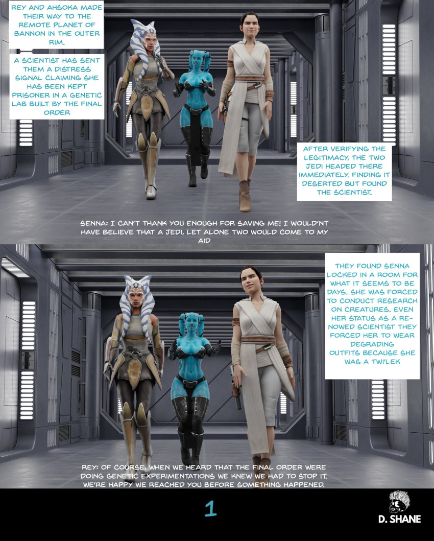 3d 3girls ahsoka_tano alien alien_girl alien_humanoid athletic athletic_female big_breasts blue-skinned_female blue_body blue_skin bottom_heavy breasts busty cleavage clone_wars comic curvaceous curvy davidshane dialogue english_text eyebrows eyelashes eyes female female_focus female_only fit fit_female front_view full_body hallway hips hourglass_figure huge_breasts human humanoid large_breasts legs light-skinned_female light_skin lips lower_body lucasfilm orange-skinned_female orange_body orange_skin original_character page_1 panels rey senna_ghura standing star_wars star_wars_rebels tentacle_hair text the_clone_wars:_season_seven the_rise_of_skywalker thick thick_legs thick_thighs thighs togruta top_heavy twi'lek upper_body voluptuous waist wide_hips