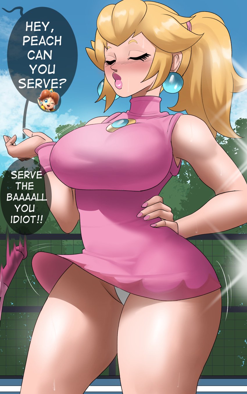 1girls absurdres big_breasts blonde_hair breasts clothing comedy echosaber english_text female funny human humor lens_flare light-skinned_female long_hair mario_(series) mario_tennis nintendo outside panties pantyshot png ponytail princess_peach pursed_lips short_dress speech_bubble tennis_court tennis_racket tennis_uniform thick_thighs voluptuous white_panties