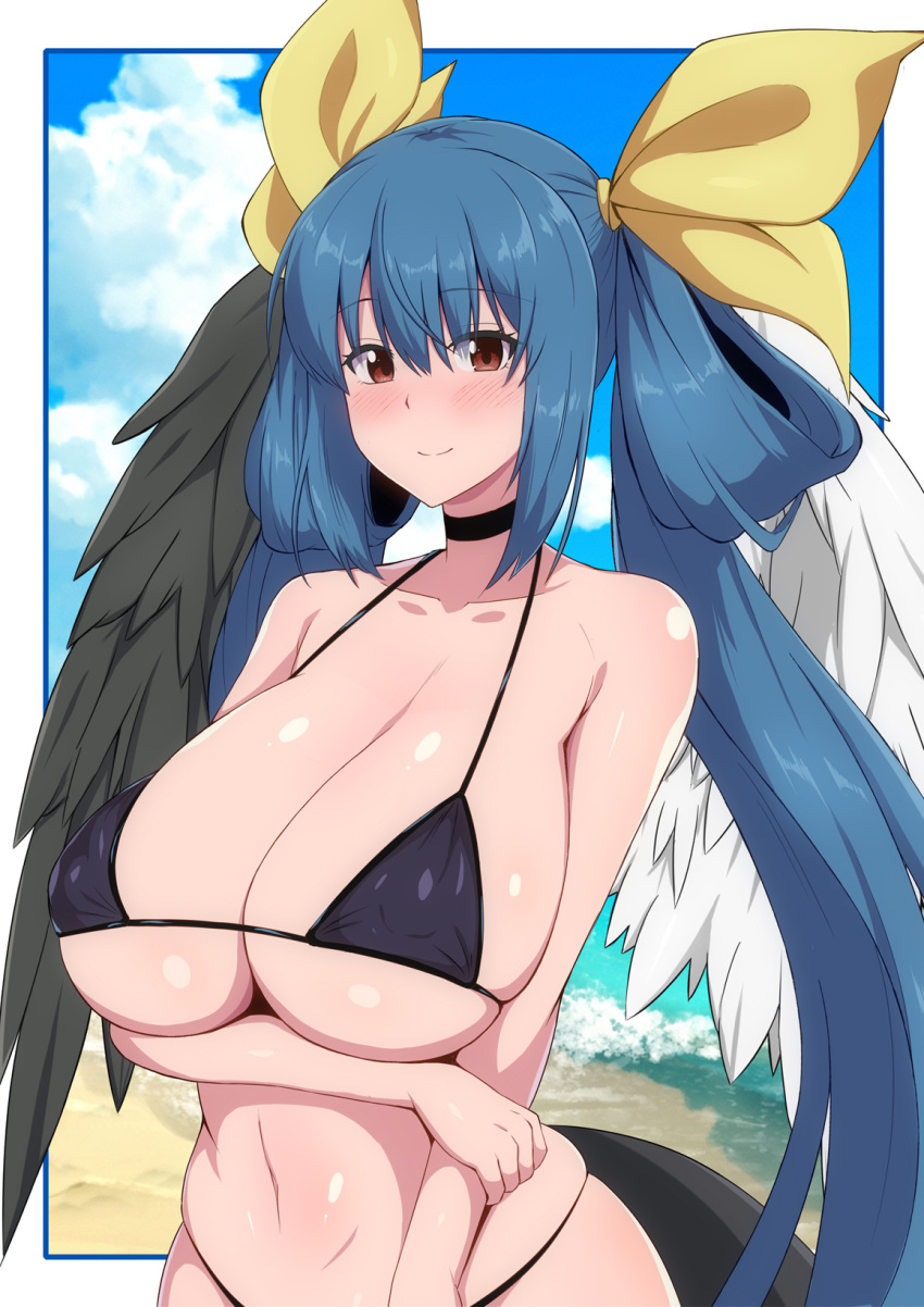 1girls angel_wings arm_under_breasts asymmetrical_wings bare_shoulders beach bikini black_bikini black_choker blue_hair blue_sky blush border breasts choker cleavage closed_mouth cloud collarbone covered_nipples day dizzy_(guilty_gear) female fuuma_(bangolga1) guilty_gear hair_between_eyes hair_ribbon hair_rings highres holding_own_arm large_breasts long_hair looking_at_viewer mature_female milf monster_girl navel ocean red_eyes ribbon sagging_breasts sidelocks skindentation sky smile solo stomach string_bikini swimsuit tail twintails underboob white_border wings yellow_ribbon