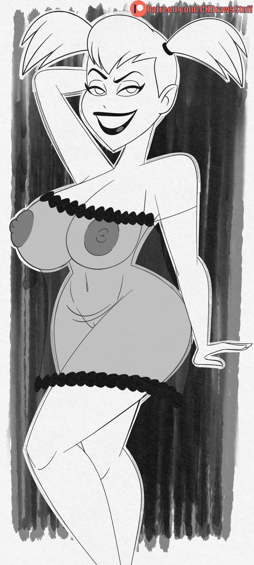 1girls arm_behind_head batman:_the_animated_series batman_(series) big_breasts black_and_white breasts codykins123 commission dc dc_comics dcau female female_only harleen_quinzel harley_quinn huge_breasts lingerie looking_at_viewer monochrome nipples pinup pussy see-through_clothing smile solo the_new_batman_adventures twintails wide_hips