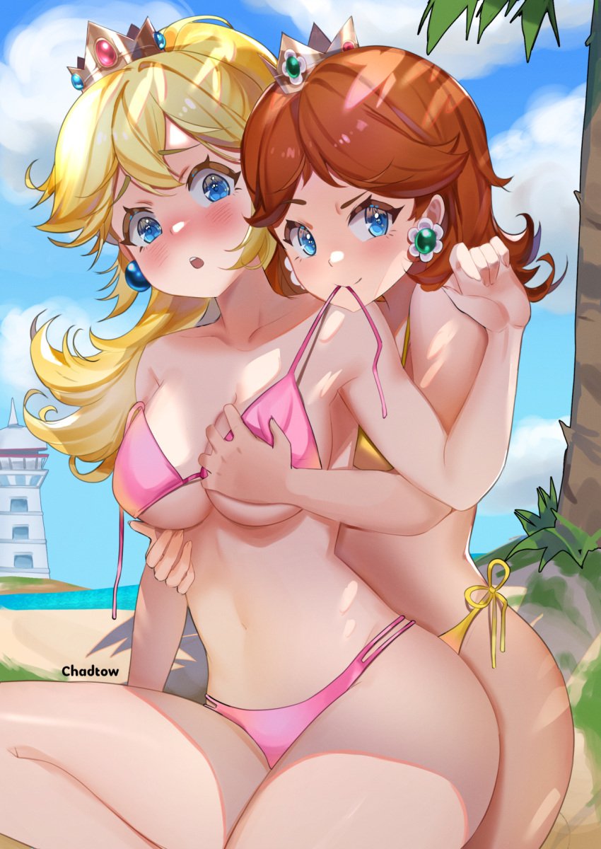 2girls beach bikini blonde_hair blue_eyes breasts brown_hair chadtow clouds crown earrings female female_only flower_earrings grabbing_another's_breast grabbing_breasts large_breasts lighthouse looking_at_viewer mario_(series) medium_hair midriff navel nintendo ocean outdoors outside palm_tree pink_bikini pink_swimsuit ponytail princess_daisy princess_peach sand shaded side-tie_bikini side-tie_swimsuit sky swimsuit tomboy untied_bikini untied_bikini_top untied_swimsuit water yellow_bikini yellow_swimsuit yuri