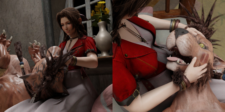 1girls 3d aerith_gainsborough blender bloated_belly female feral final_fantasy final_fantasy_vii final_fantasy_vii_remake implied_pregnancy inflation interspecies pregnant red_xiii sssin2160 zoophilia