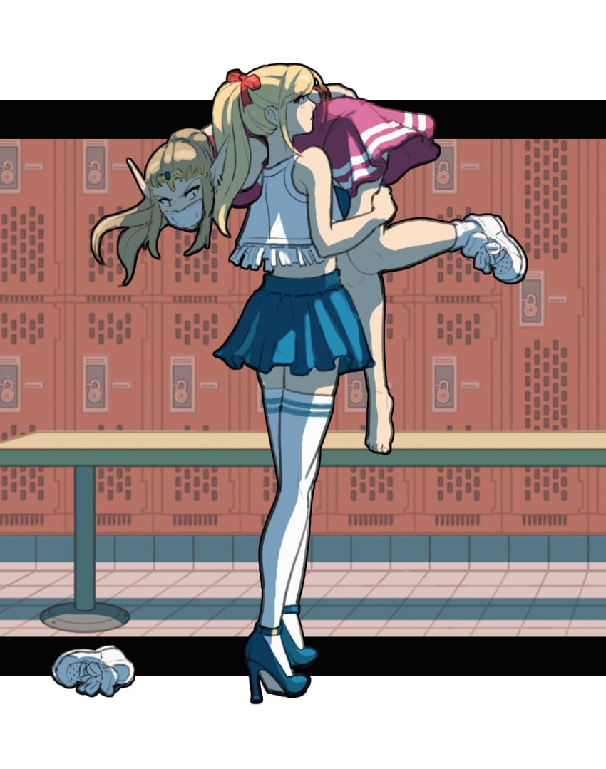 2girls angry ankle_socks anklehighs arms_tied_behind_back blonde_hair blue_eyes bondage bound breasts brown_hair captured captured_heroine carrying_person cheerleader cheerleader_uniform circlet domination female female_only frustrated gag gagged hairbow heartgear heels helpless high_heels kidnapped locker_bench locker_room medium_breasts metroid multiple_girls nintendo ponytail princess_zelda rope rope_bondage samus_aran school_uniform schoolgirl shoes socks socks_and_heels socks_and_shoes tape tape_gag tennis_shoes the_legend_of_zelda thigh_socks thighhighs white_socks yuri zelda_(twilight_princess)