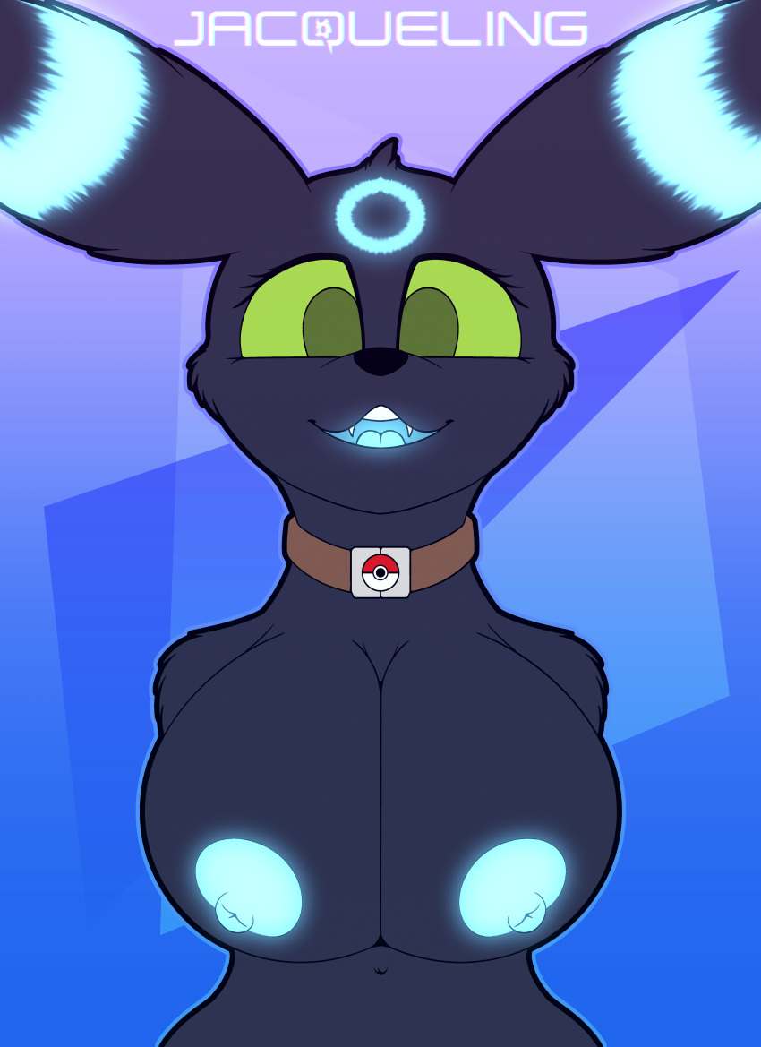 absurd_res anthro areola big_breasts breasts collar eeveelution fan_character fangs female furry generation_2_pokemon glowing glowing_markings hi_res jacqueling looking_at_viewer markings nintendo nipples open_mouth pokemon pokemon_(species) shiny_pokemon solo teeth umbreon zakara