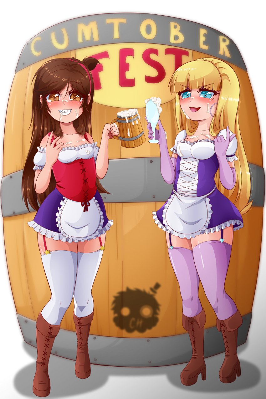 2girls bare_shoulders blonde_hair blue_eyes blunt_bangs blush boots braces brown_hair clothed covered_in_cum cum_drinking cum_on_face dirndl drinking_cum elbow_gloves elchasconsito female_only full_body garter_straps gloves gravity_falls long_hair looking_at_viewer mabel_pines multiple_girls oktoberfest pacifica_northwest parody small_breasts stockings straight_hair zettai_ryouiki