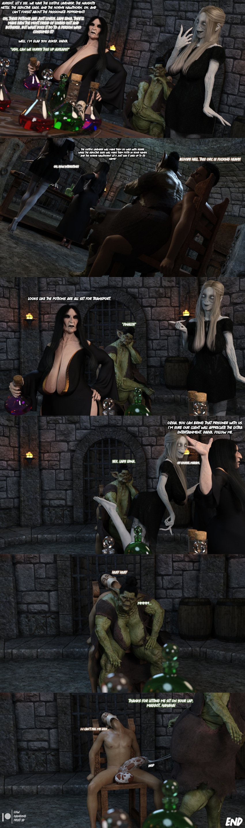 3d 3d_(artwork) areolae big_breasts big_penis black_hair black_lips black_lipstick black_toenails breasts comic comic_page cum cum_inside cum_on_penis cum_string daz3d daz_studio dialogue dominant_female domination dress edna_church_(lhf3d) elderly_female feet gagged ghost ghost_girl gilf granny hag large_areolae large_breasts long_hair lowhangingfruit3d_(artist) magic male mature mature_female nipple_slip old older_female orc orc_female original_character oszia_(lhf3d) pale-skinned_female pale_skin potion sagging_breasts sitting_on_person thick_thighs thighs toe_claws toes ugly ugly_female witch