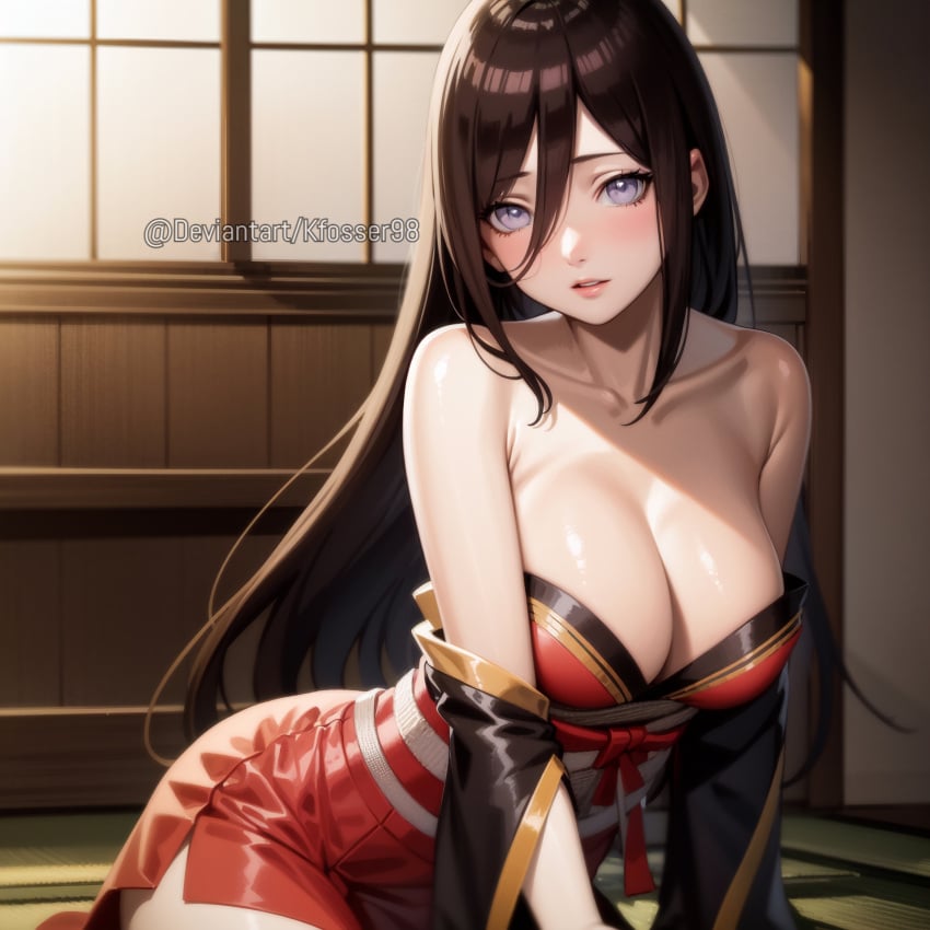 1girls ai_generated alternate_costume bare_breasts bare_chest bare_shoulders bent_over big_breasts blush boruto:_naruto_next_generations breasts brown_hair cleavage grey_eyes huge_breasts hyuuga_hanabi kfosser98 kimono kneeling lavender_eyes long_hair looking_at_viewer nai_diffusion naruto naruto_(series) revealing_clothes short_kimono skimpy skimpy_clothes stable_diffusion very_long_hair