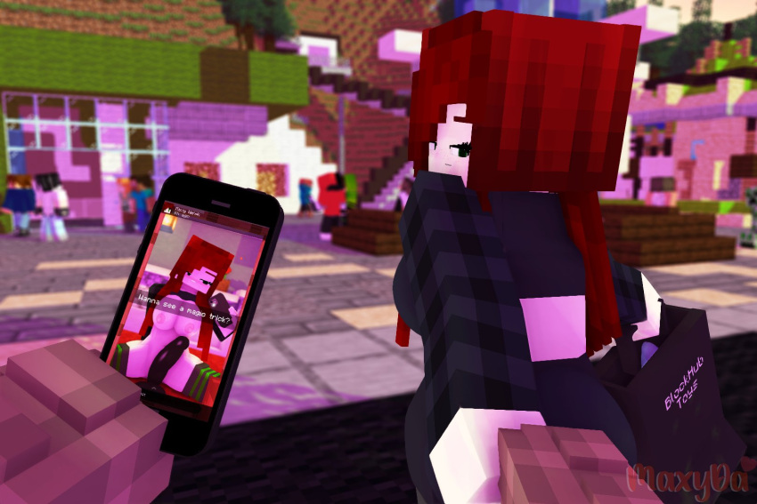 1boy 1girls 3d big_breasts bisexual_(female) black_t-shirt blush clothed_female dildo english_text green_eyes holding_phone horny_female human humanoid iphone lifted_shirt looking_at_partner looking_at_viewer looking_back max_welsh_(maxyda) maxyda mine-imator minecraft mirror mirror_selfie mojang outside public red_hair selfie shirt_above_breasts smile snapchat stockings text text_box thick_thighs you