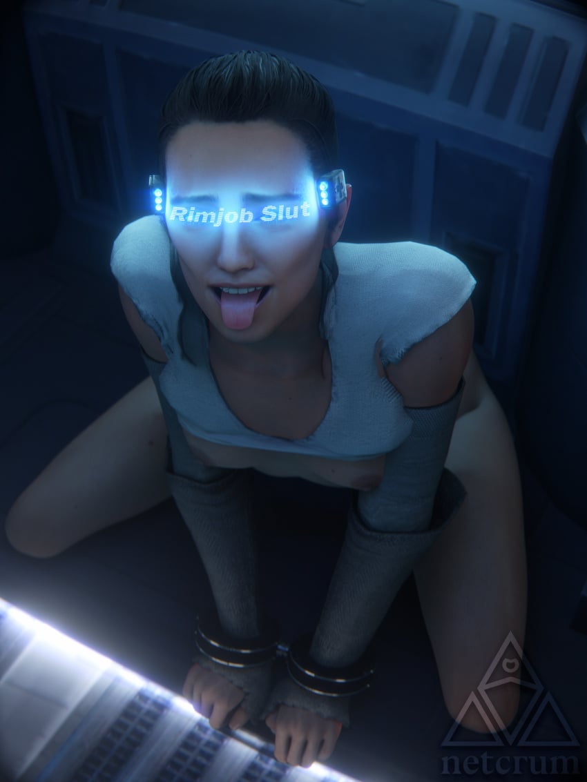 1girls 3d areolae armwear black_hair blender blue-tinted_eyewear bottomless breasts clothed clothing female female_focus female_only handcuffed handcuffs headset headwear light-skinned_female light_skin lucasfilm netcrum nipples no_bra no_panties no_underwear on_floor open_mouth rey shirt shirt_lift shirt_up sitting slut small_breasts solo solo_focus star_wars tinted_eyewear tongue tongue_out topwear visor visor_(eyewear) watermark