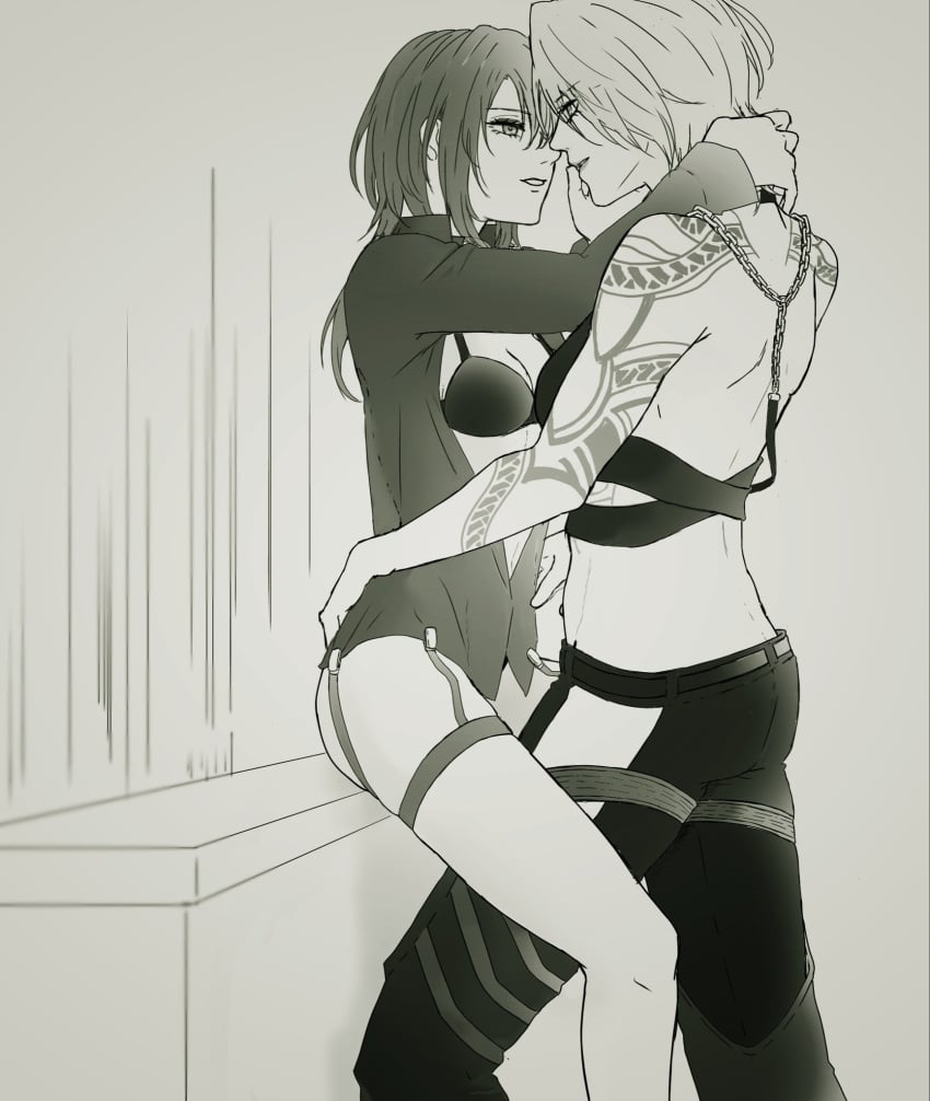 2girls bottomless bra caressing_face exposed_bra female female_chief_(path_to_nowhere) female_only imminent_sex leg_between_thighs multiple_girls muscular_female path_to_nowhere staring_at_another tattoos undressing yuri zoya_(path_to_nowhere)