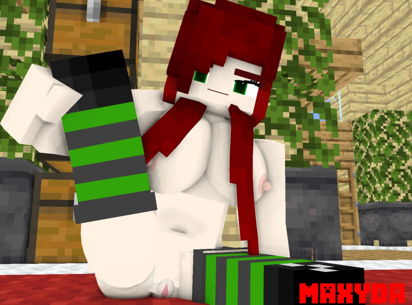 1girls 3d bisexual_(female) carpet erect_nipples female female_only freckles green_eyes horny_female human humanoid max_welsh_(maxyda) maxyda mine-imator minecraft nude_female outside ponytails posing red_hair sitting smile solo solo_female stockings tagme