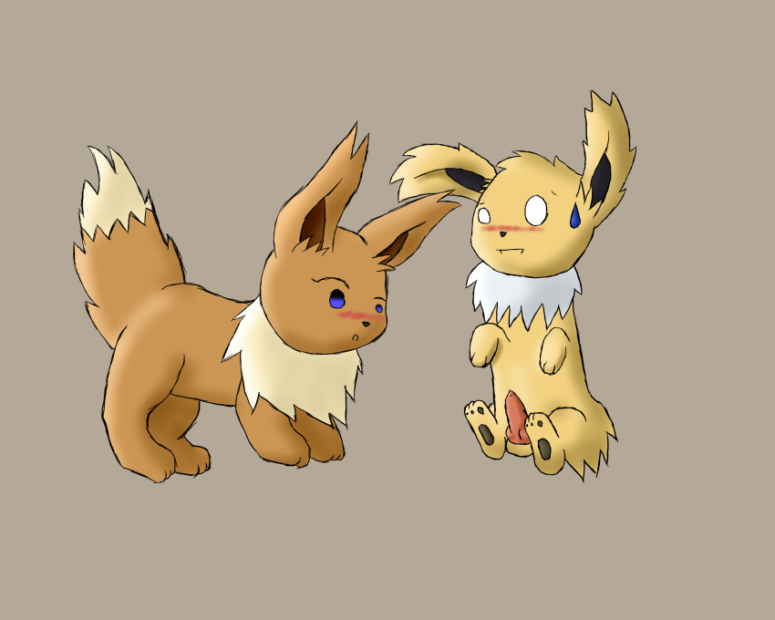 balls blush eevee female fur furry_ears furry_tail hindpaw jolteon knot male nintendo open_mouth paws penis plain_background pokemon skyffan tail toes video_games