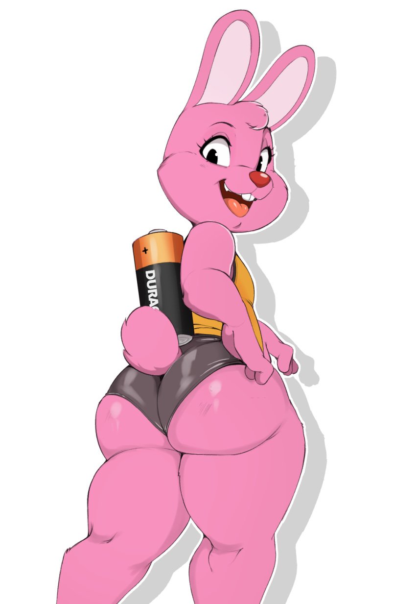 1girls 2021 anthro ass ass_focus battery big_ass big_butt bottomwear bubble_butt butt butt_focus clothing dat_ass duracell duracell_bunny fur furry hi_res hotpants lagomorph leporid looking_at_viewer looking_back mammal pink_body rabbit rule_63 shorts solo usnarbit