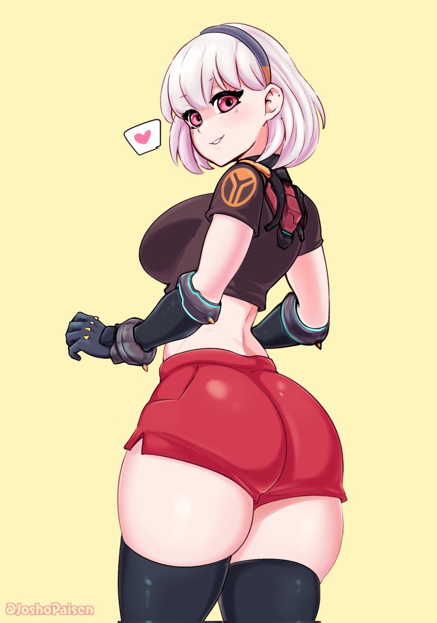 1girls ass ass_focus big_ass big_breasts booty breasts clothed fortnite fortnite:_battle_royale gloves heart joshopaisen legwear lexa_(fortnite) light-skinned_female looking_at_viewer looking_back red_eyes short_hair shorts silver_hair solid_color_background thick_ass thick_thighs thighhighs thighs wide_hips