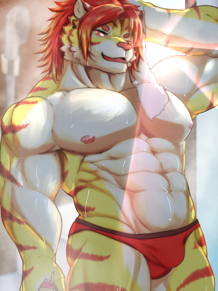 abs afezeria1844 anthro bulge clothing detailed_bulge felid fur hi_res lifewonders male male_only mammal muscular muscular_anthro muscular_male nipples nomad_(tokyo_afterschool_summoners) pantherine pecs solo striped_body striped_fur stripes tiger tokyo_afterschool_summoners towel underwear wet