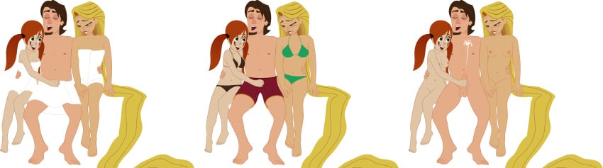 1boy 2girls bikini blonde_hair catalina_schnitz climax disney disney_channel disney_princess eugene_fitzherbert female handjob long_hair male male_orgasm mehefin013 multiple_girls multiple_versions multiple_versions_in_one_image nipples nude rapunzel sauna tangled tangled:_the_series towel transparent_background