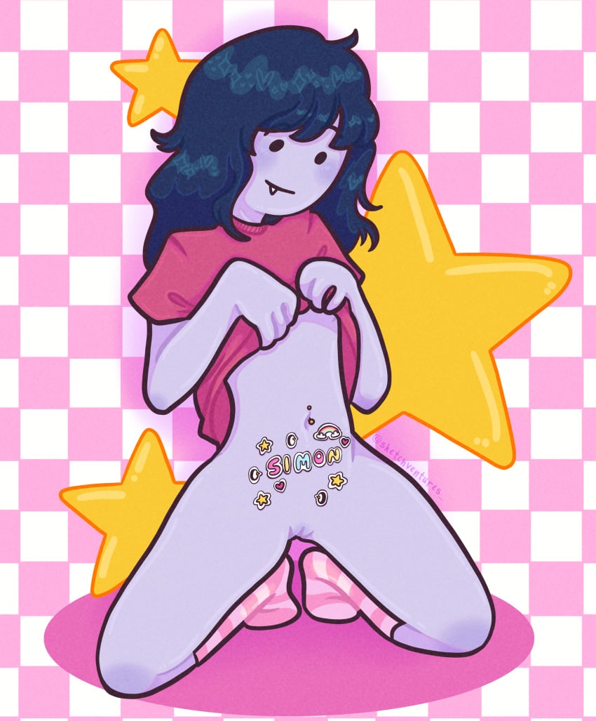 adventure_time cartoon_network kneeling lewd lifting_shirt marceline marceline_abadeer no_bra no_panties simon_petrikov sketchventures sticker_on_body stickers underboob vampire