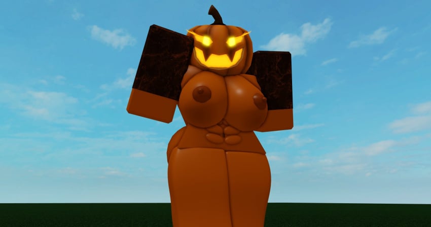 1girls 3d ass big_ass big_breasts breasts female female_only halloween lampshaderr34 naked pumpkin pumpkin_head roblox robloxian simple_background tagme video_games