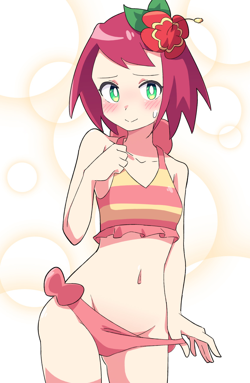 1girls blush hibiki_misora mega_man mega_man_star_force navel panty_pull sonia_strumm swimsuit