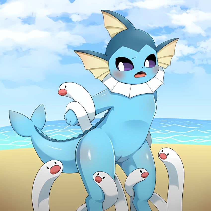 1girls 2022 ai_generated anthro beach_background blush edit female generation_1_pokemon generation_9_pokemon light_blue_body pokémon_(species) pokemon pokemon_(species) sum vaporeon water wiglett