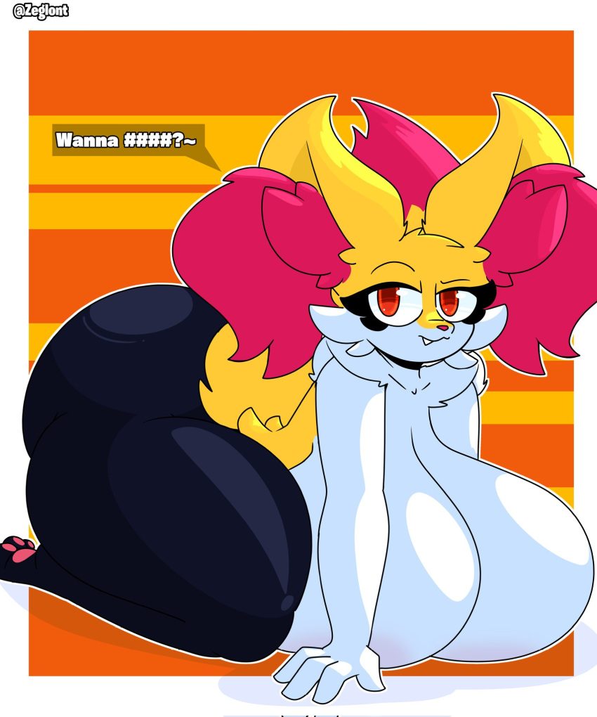 1girls big_breasts big_ears black_hair braixen breasts busty canine nude_female pokemon pokemon_(species) red_hair smile snout yellow_hair zeglo-official