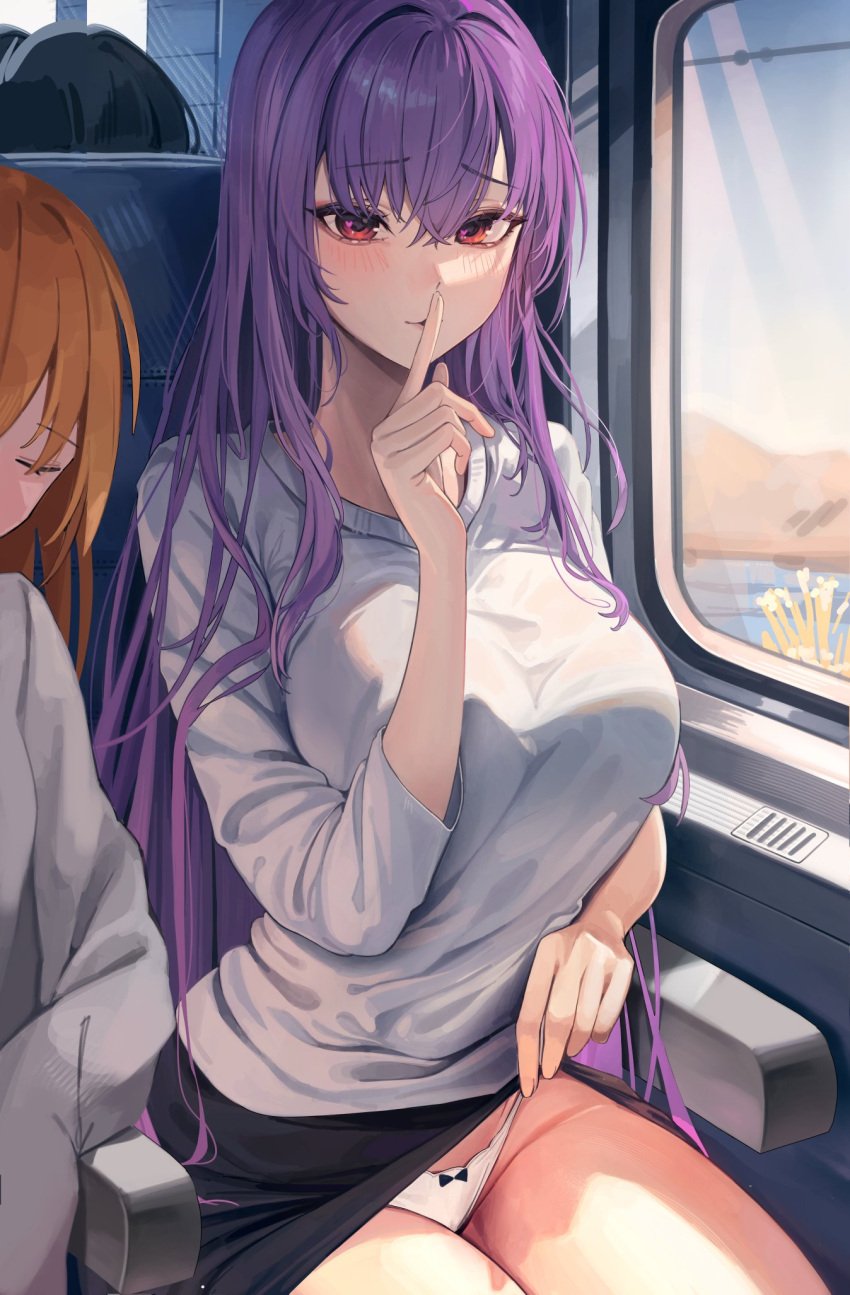 2girls blush breasts female female_only flashing_panties large_breasts looking_at_viewer naughty_face original panchira panchira_(sitting) panties pantsu panty_flash pantyshot_(sitting) public_exposure public_transportation purple_hair showing_panties shushing sitting sleeping smiling_at_viewer teasing thick_thighs train train_interior underwear white_panties