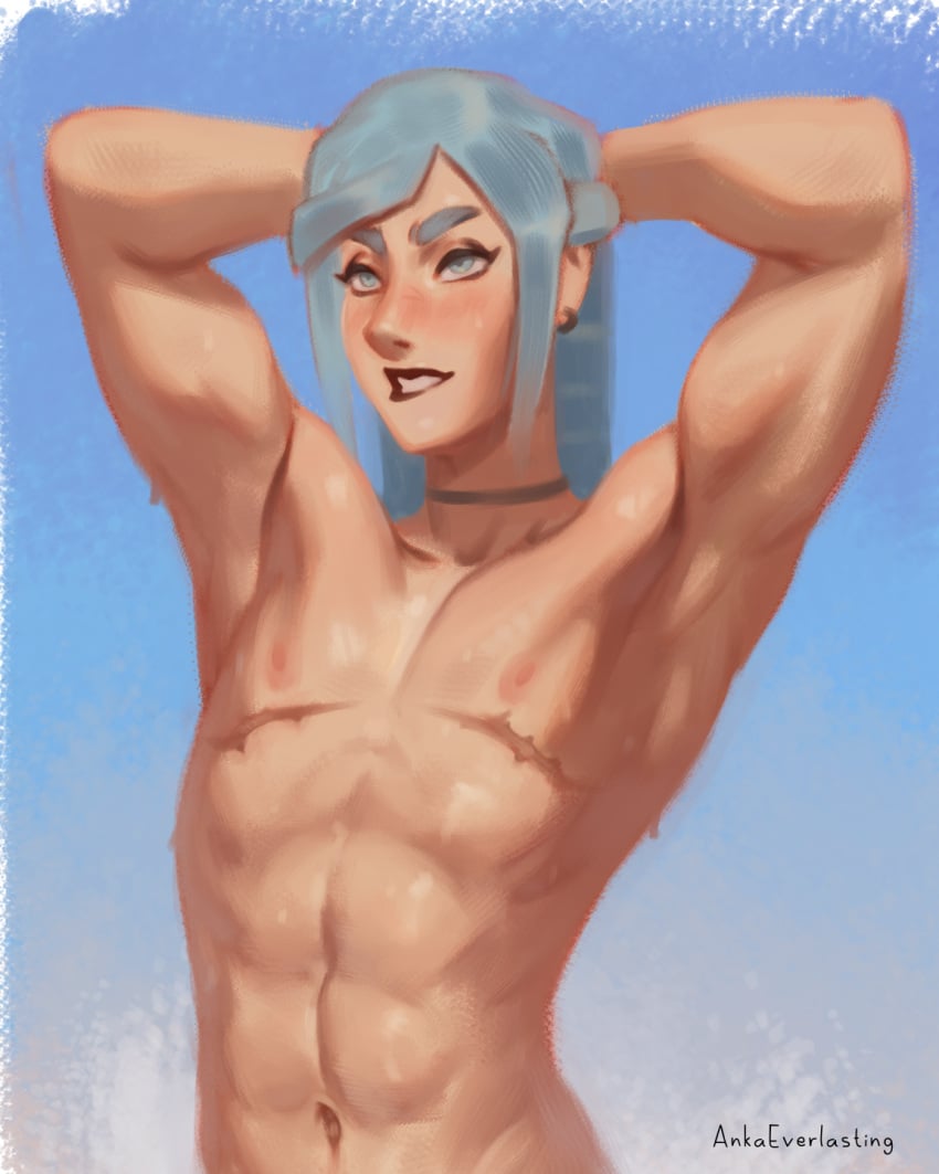 1boy abs ankaeverlasting armpits arms_behind_head blue_eyes blue_hair chest_scar choker earrings femboy ftm_transformation grusha_(pokemon) male_only muscular nude pokemon pokemon_sv scar solo solo_male