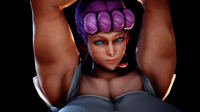 armpits big_breasts blue_eyes face_focus nurse_joy pink_hair sweat