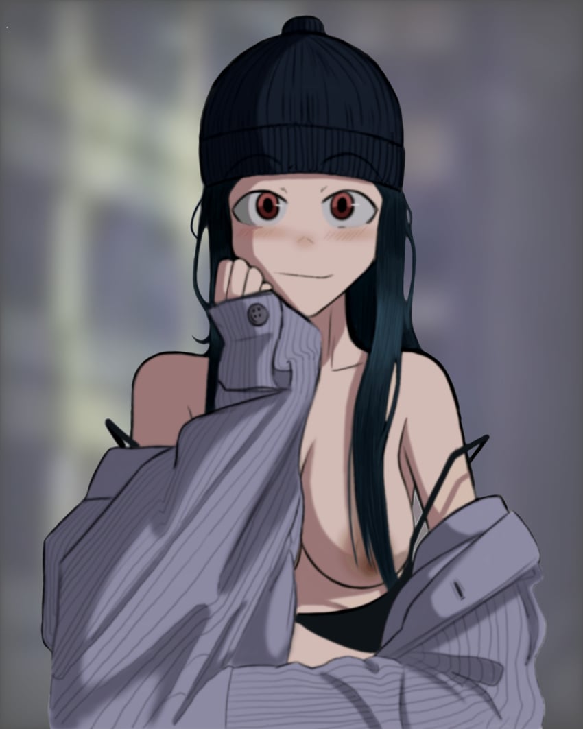 animalfarm56 beanie beanie_hat black_hair blush girl naked naked_female nsfw oc red_eyes smile smiling smiling_at_viewer sweater