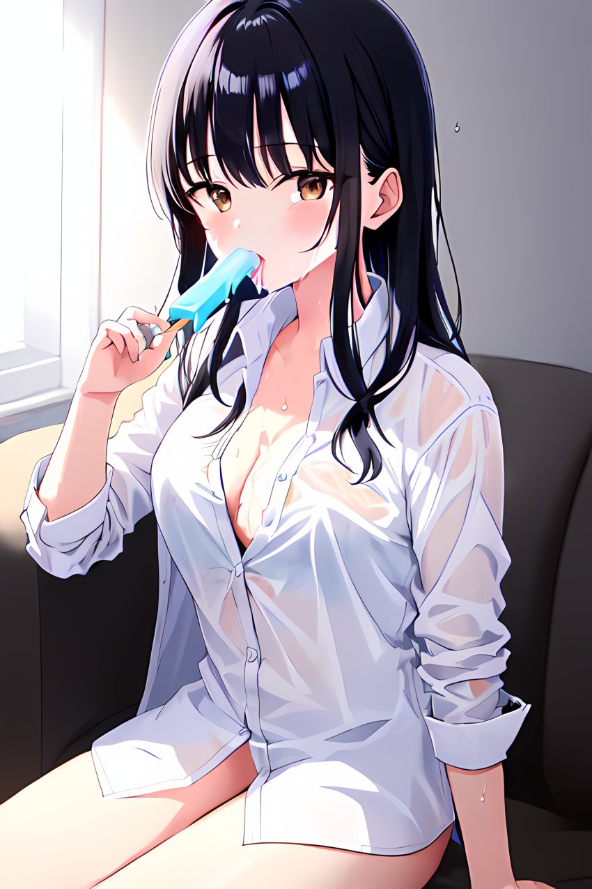 1girls ai_generated bare_legs boku_no_kokoro_no_yabai_yatsu cleavage collarbone dark_blue_hair drooling female female_only licking_popsicle looking_at_viewer new_artist no_panties no_pants no_underwear partially_clothed popsicle popsicle_melting school_uniform schoolgirl sitting sitting_on_couch sofa solo solo_female sweating teenager tongue_out uniform vewudraws wet_clothes yamada_anna