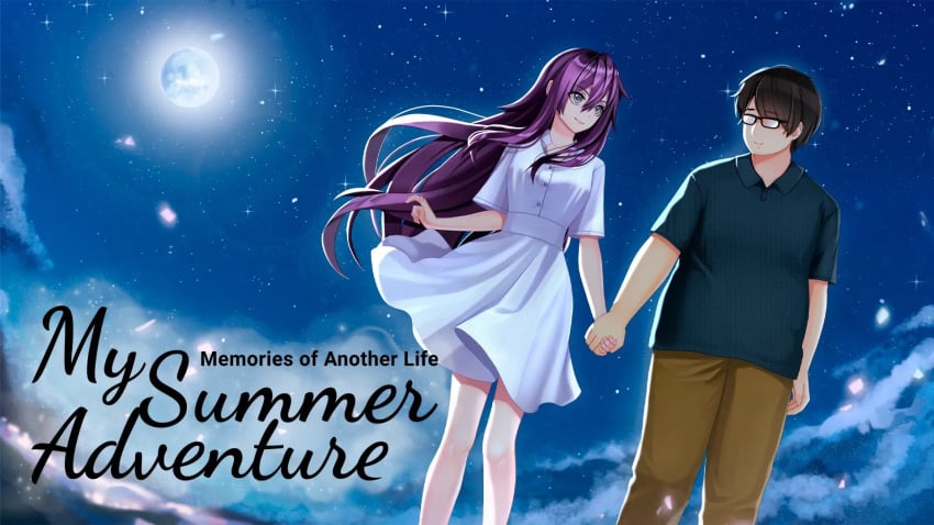 female grey_eyes highres kojima_akira_(character) kotonoha_haruko moon my_summer_adventure_-_memories_of_another_life night non-web_source promo_poster purple_hair star_(sky) tsundere visual_novel