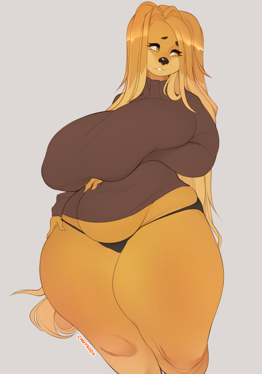 2018 anthro big_breasts breasts canid canine canis cherrikissu clothed clothing curvy_figure digital_media_(artwork) dogmom domestic_dog female hi_res huge_breasts huge_hips huge_thighs hunting_dog looking_at_viewer mabel_(cherrikissu) mammal mature_anthro mature_female overweight overweight_anthro overweight_female saluki sighthound solo standing thick_thighs voluptuous wide_hips