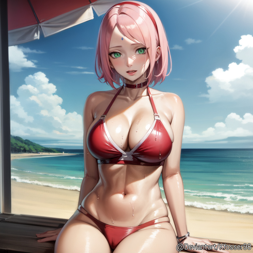 1girls ai_generated beach bikini blush boruto:_naruto_next_generations breasts cleavage curvaceous curvy curvy_body curvy_female curvy_figure facing_viewer female female_only green_eyes kfosser98 looking_at_viewer mature mature_female midriff milf nai_diffusion naruto naruto_(series) outdoors pink_hair sakura_haruno shoulder_length_hair solo solo_focus stable_diffusion sweat swimsuit voluptuous