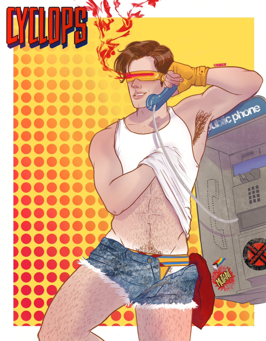 1boy abs biceps cyclops_(x-men) hairy hairy_armpits hairy_chest human human_only light-skinned_male light_skin male male_only marvel masked muscular muscular_male payphone phone roasif scott_summers shirt_lift short_shorts skimpy solo tanlines telephone uncensored x-men yaoi