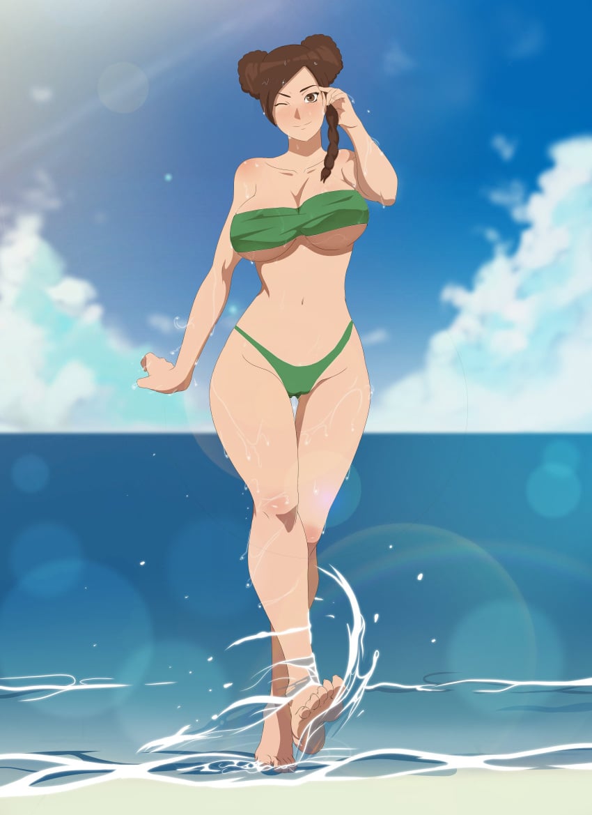 1girls areolae beach big_breasts blush braid braided_ponytail breasts brown_eyes brown_hair cleavage curvy double_bun feet female female_only large_breasts lexus_(artist) long_hair looking_at_viewer naruto naruto:_the_last naruto_(series) ocean one_eye_closed sand smile soles solo sun sunlight swimsuit tenten tied_hair toes walking walking_towards_viewer water