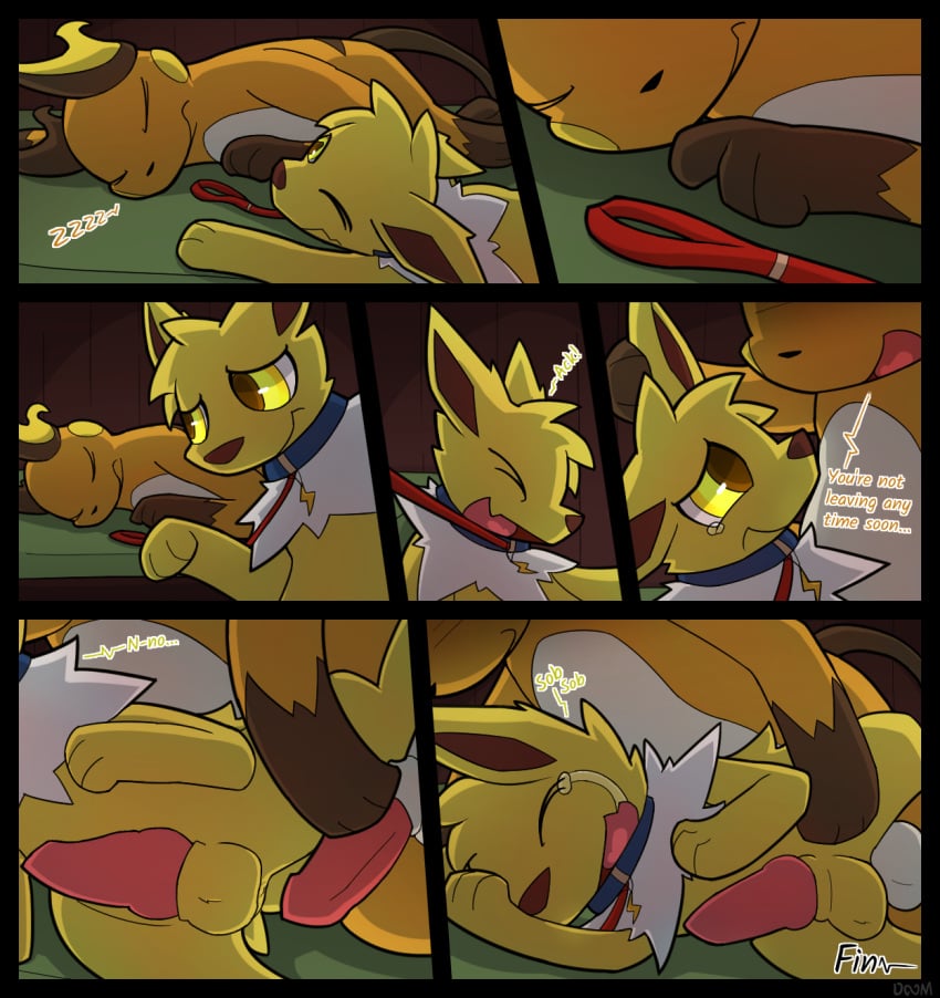 anal anal_sex anthro collar comic dialogue duo eeveelution english_text forced gay generation_1_pokemon hi_res holding_ear infinitydoom jolt_(wm149) jolteon leash leash_pull male male/male nintendo penetration pokemon pokemon_(species) pokemon_only rai_(infinitydoom) raichu rape sleeping spooning text waking_up yellow_eyes