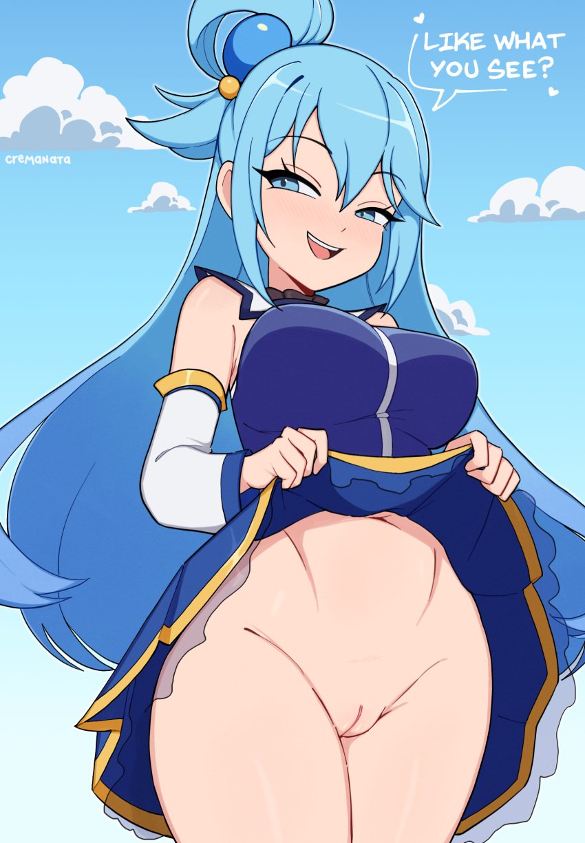 1girls aqua_(konosuba) aqua_eyes aqua_hair belly big_breasts blush clothes cremanata detached_sleeves dress dress_lift english_text eyelashes female female_only grin hairless_pussy half-closed_eyes heart highres kono_subarashii_sekai_ni_shukufuku_wo! light-skinned_female long_hair looking_at_viewer navel no_panties open_mouth open_smile presenting presenting_pussy pussy seductive shaved_pussy skirt_lift sky smile smug solo standing stomach text thick_thighs thighs uniform vagina