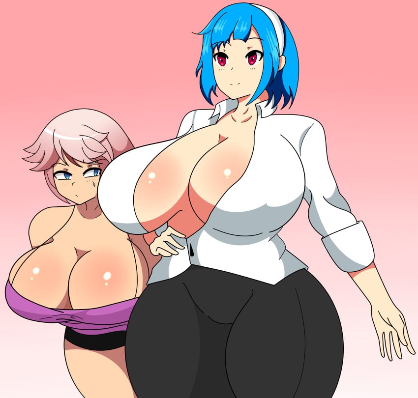 2girls big_breasts blue_eyes blue_hair clothed crossover female female_only freckles huge_breasts large_breasts maymayumi2 milf mommy mommy_kink multiple_girls original_character original_characters pink_hair red_eyes rina_atherina rina_atherina_(errorkazoo) staring_at_breasts